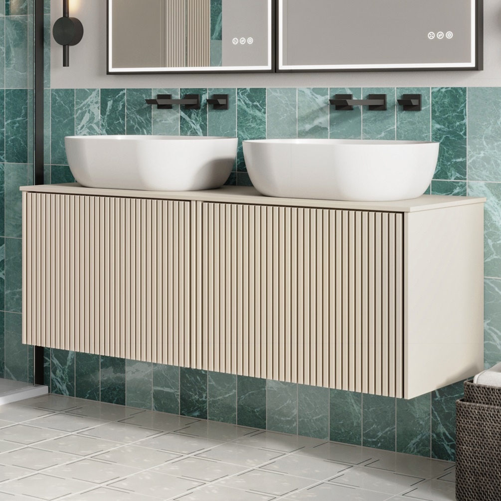 product lifestyle image of Crosswater Limit 1200mm Warm Stone Wall Hung Vanity Unit and Worktop with grey tiles and 2 large white countertop bowls LM6000DRSAN LM2010TWS